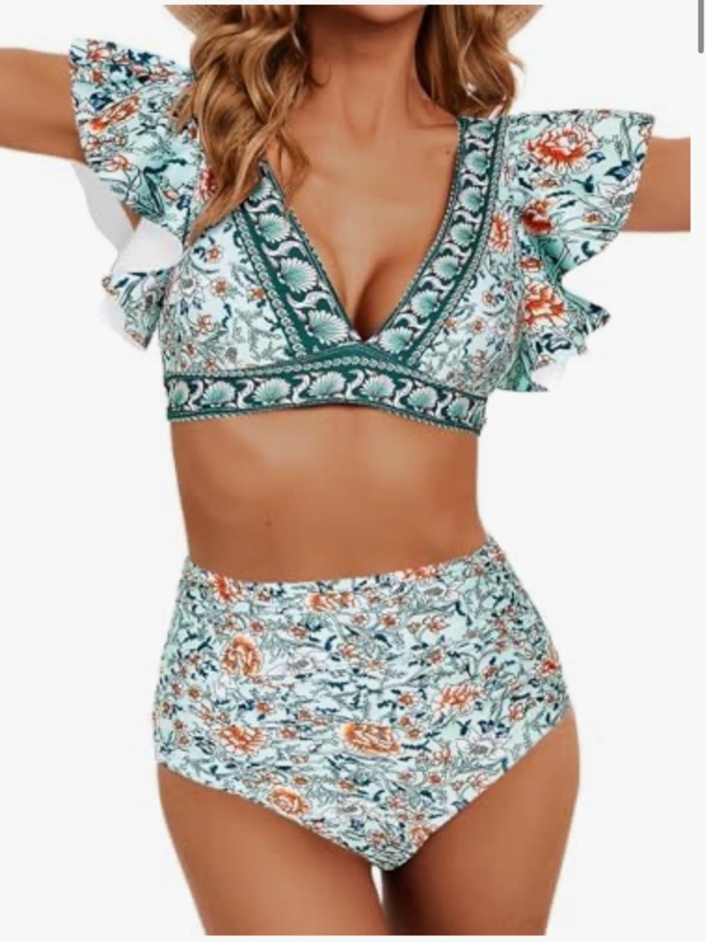 Floral High-Waist Bikini Set - Light Blue